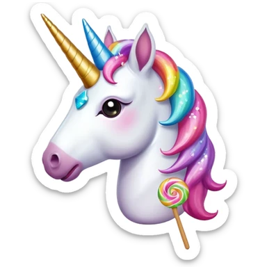 a unicorn eating a lolipop with a poop emoji on its head and sparkles around the unicorn sticker