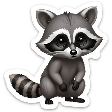 Cinematic-cute Raccoon-Realistic-hunched Full-Body on all fours-Emoji – Tail flicking lazily, head tilted dramatically, thick grey fur with a signature black mask, sharp and alert ears, simplified yet realistic focused features, highly detailed, glowing with an almost sarcastic glow. big black eyes sticker
