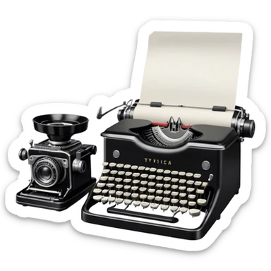 Create an emoji representing screenwriting. The design should feature an open script with visible dialogue and action lines, symbolizing the writing of a screenplay. Include a classic typewriter or a modern writing device, such as a laptop, to signify the process of creating a script. Add a vintage film camera next to the script to emphasize the cinematic aspect of screenwriting. Use a professional color palette with black, white, and subtle metallic tones. Do not include any emojis or smiley faces. Make the background transparent. sticker