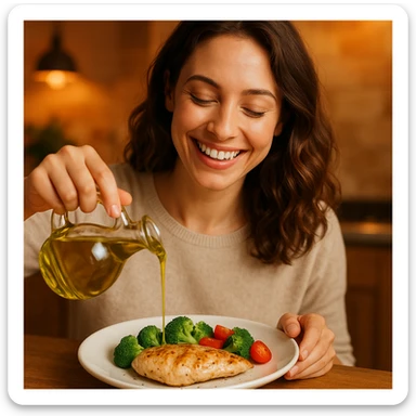 donna che usa olio d'oliva contenta nel suo piatto con petto di pollo sticker