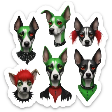 Edgy Punk dog spiked collar tattoos Green gray black red punk dog Harley Quinn as a dog mime clown harlequin facepaint tattoos punk lurcher surrealism  sticker