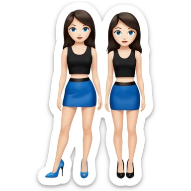realist caucasian woman, long dark brown hair, blue eyes, wearing a black crop top and black tight mini skirt, high heel black patent louboutin shoes, full body, emoji style sticker