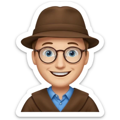 A man with sharp and thin face, brown round glasses, a brown hat and a brown costume (shoulders only), with blue eyes and a large smile on his face. sticker
