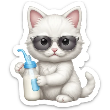 A white kitten with sunglasses and milk bottle in its hands sticker