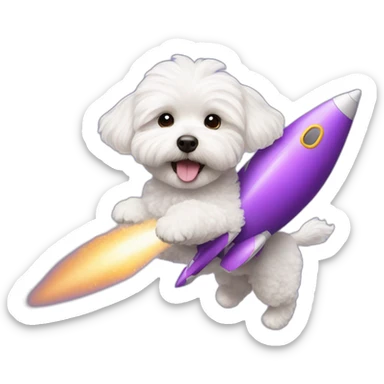 a white maltipoo flying with a purple rocket sticker