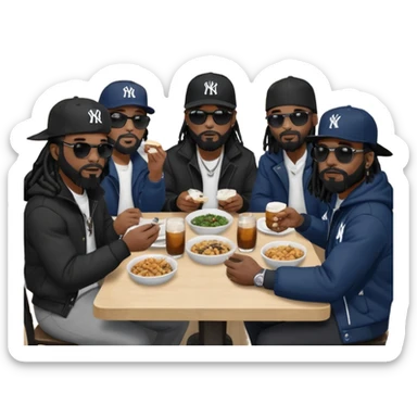 African American man with shoulder length black dreadlocks with black beard wearing black sunglasses wearing a black New York Yankees logo baseball Cap wearing a black bubble winter coat sitting a kitchen table with other men with dreadlocks all sitting in chairs eating dinner at kitchen table sticker