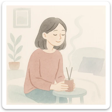 a girl in a bedroom, looking sad, then smelling a scent like from a candle or diffuser, her mood changing to relaxed, watercolor art style sticker