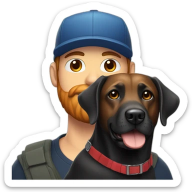 Handsome man in a cap and a red beard with one black labrador dog sticker