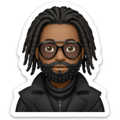 African American man with shoulder length black dreadlocks with black beard  wearing black sunglasses wearing a black bubble winter coatwearing a covid mask covering mouth and nose sticker