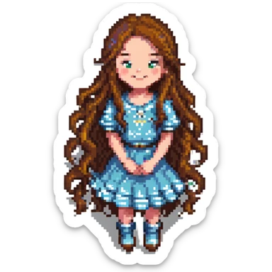 girl with long wavy brown hair smiling pixel art sticker