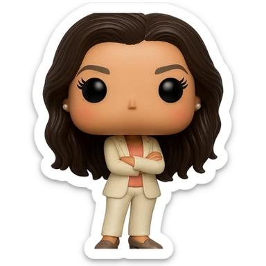 Create a Funko Pop style vinyl figure of Eva Longoria with ultra high definition. Show luminous smooth tanned skin, extremely detailed dark hair, hyper-textured cream blazer, peach top, cream bottoms, small pearly earrings, and greige leather loafers clearly visible. Pose with arms crossed, rosy cheeks, very discreet freckles, eyelashes, mischievous and cheerful expression, no mouth. Transparent background. sticker