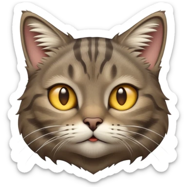 cinematic-[grey brown tabby cat]-realistic-emoji,-head-tilted-dramatically,-scruffy-[predominantly grey]-fur,-simplified-yet-realistic-focused-features,-highly-detailed,-glowing-with-an-almost-sarcastic-glow sticker