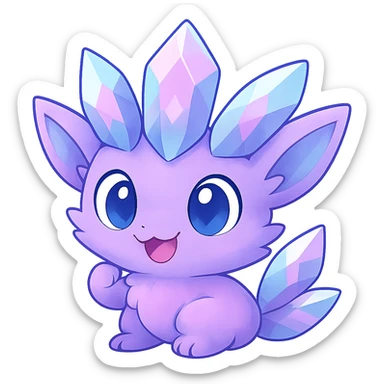 Create a chibi kawaii crystal sprite creature with a crystal tail in pastel purple, blue, and pink colors. The creature should have a happy and excited expression. Remove the background. sticker