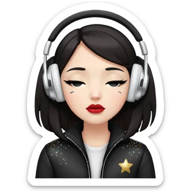 Girl with dark hair, fair skin tone, wearing a black jacket, has glitter on her eyelids, and wearing lipstick, wearing white headphones, her hands are on her ears, and her eyes are close sticker