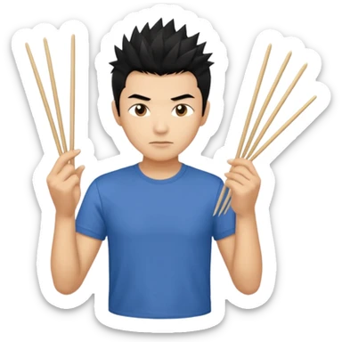 Make it a vietnamese male with spiky black hair holding only ONE pair of chopsticks in one hand, t-shirt. Please only ONE hand with chopsticks sticker