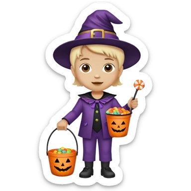 child trick-or-treating in a Halloween costume, holding a candy bucket sticker