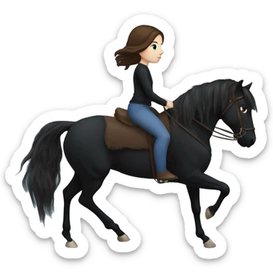 Girl with white skin, blue eyes and brown hair riding a Black horse with long mane and dark eyes. We see them from the side, they are causally walking sticker