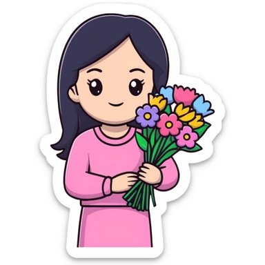 Beautiful girl with long straight black hair, fair skin, wearing pink clothes, holding a bouquet of colorful flowers sticker