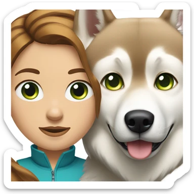 White Woman hair brown and bleus eyes and golden Husky With green eyes sticker