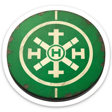 a helipad with a green surface and an H in the center sticker
