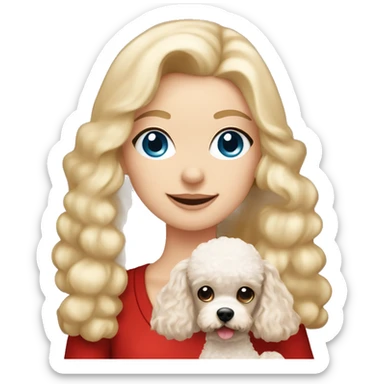 Pretty blue eyed white girl with blonde long hair with a santa claus hat and holding a brown toy poodle sticker