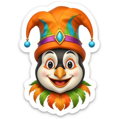 crazy funny colorful penguin jolly joker, medieval, vintage, court jester, mac os icon, orange color sticker