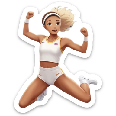 An icon featuring a female high jumper in mid-air, gracefully clearing a bar on a track. She wears a white athletic uniform and appears focused, with the background showcasing a vibrant stadium with cheering spectators and bright lights. Transparent background highlights the elegance  sticker