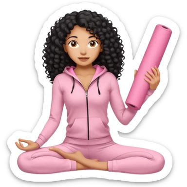 Mixed-race athletic woman with caramel skin, long black curly hair, wearing pastel pink tracksuit, holding a rolled yoga mat sticker