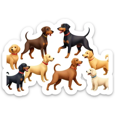 Collage of various dog breeds like Doberman, Poodle, Dachshund, and Golden Retriever, playing in a park with trees and grass. Some dogs run, others sit, all are full of energy and happiness. A joyful, colorful scene with playful expressions. Transparent background. sticker