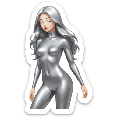 abstract sensual skinny body silhouette, liquid silver chrome, smooth curves,chrome silver long hair, chrome metallic silver full face  and body, sensual poses sticker