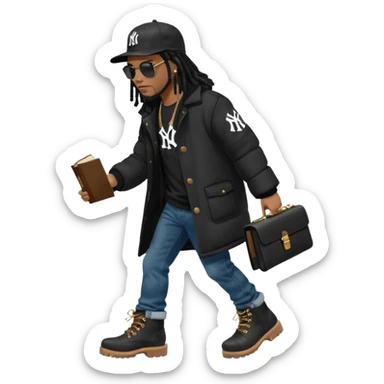 African American man with shoulder length black dreadlocks and black sunglasses wearing a black New York Yankees baseball hat wearing a black bubble winter coat with denim skinny jeans and timberland boots waking with a bible in hand sticker