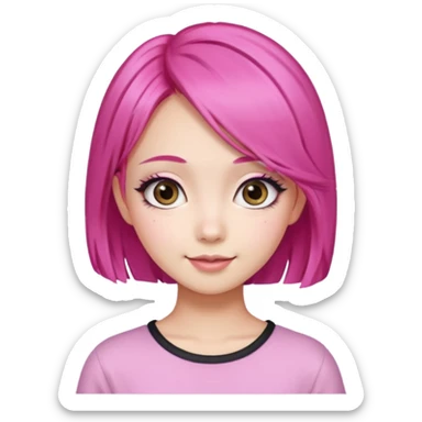 An Asian girl with Fashion pink hair, big eyes, thick eyebrows, and long eyelashes;  sticker