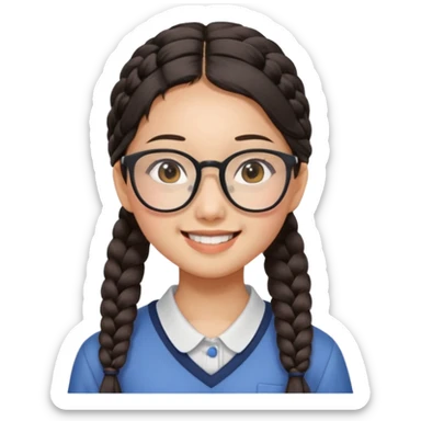 Asian girl, 14 years old, side braid, square glasses, face tilted, big open smile sticker