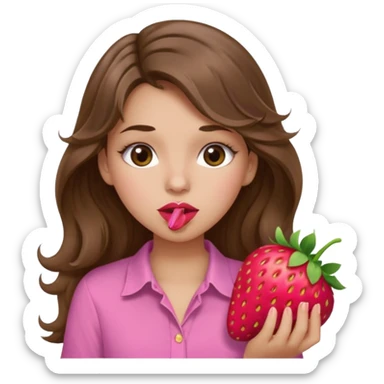 girl with long wavy brown hair, brown eyes, light to medium complexion, in a pink shirt, pink lips, long lashes, sexy , puckering, blushing, eating a strawberry sexy sticker