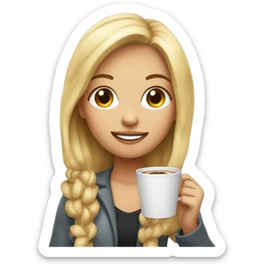blonde girl with cup of coffee and with cookie sticker
