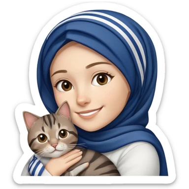 White girl wearing dark blue hijab with white shirt smiling while holding a black grey brown stripes tabby cat sticker