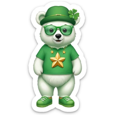full body friendly anthropomorphised polar bear wearing oversized colorful star glasses, green hat, shamrock accessories, festive green shirt, green shoes, St. Patrick's Day sticker