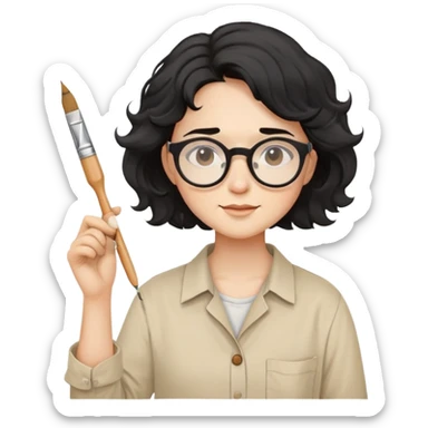Artist with wavy black hair, round glasses, beige painter's shirt, square paintbrush in hand sticker