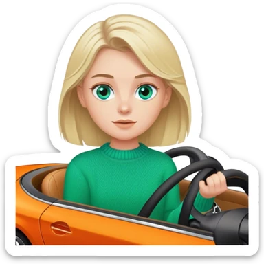 Cinematic realistic ash blonde with blue eyes, dressed in a green sweater, driving an orange Mercedes car sticker