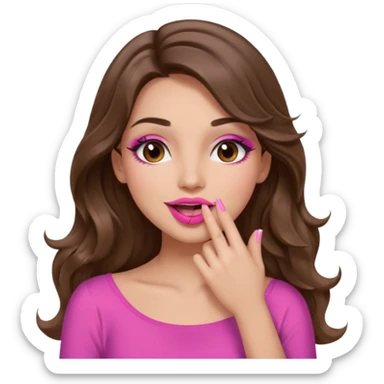 girl with long wavy brown hair, brown eyes, long lashes makeup, sexy pink lips, light to medium complexion, pink sexy top, sexy, gigling hand covering mouth sticker