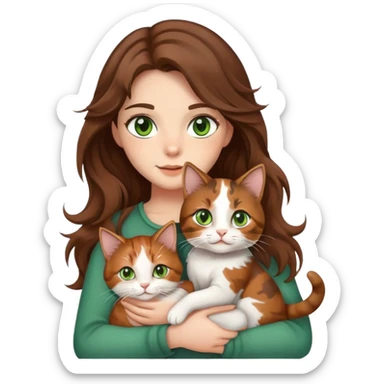 A girl with wavy brown hair and white has brown eyes and carries a cat calico green eyes  sticker