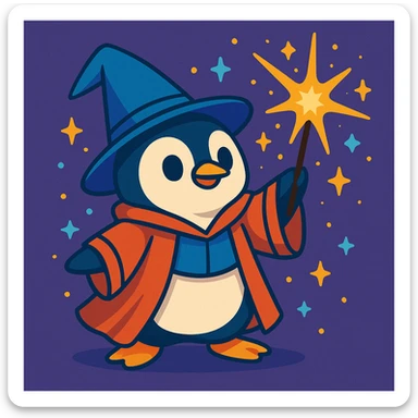 cute penguin wizard casting a spell, wearing a robe and holding a wand, magical sparkles around sticker