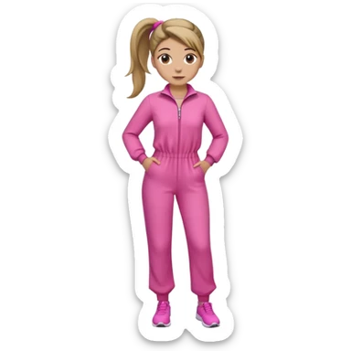 Woman dark blond hair ponytail pink  full body jumpsuit  sticker