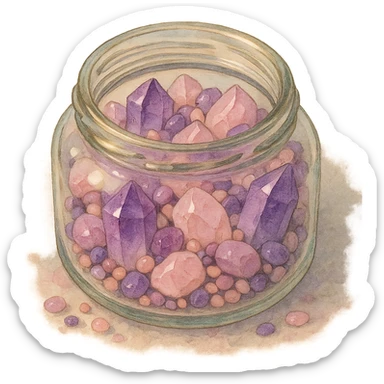 realistic amethyst and rose quartz crystal pieces in an open glass jar, different shapes and sizes, pretty small pebbles, mixed together, natural colors, soft, fairy-like atmosphere, no background, square size sticker