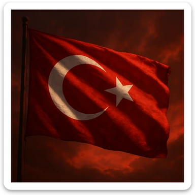 A symbolic Turkish flag waving in the wind, dramatic red background, white crescent and star, high detail, realistic lighting, cinematic and national pride. sticker