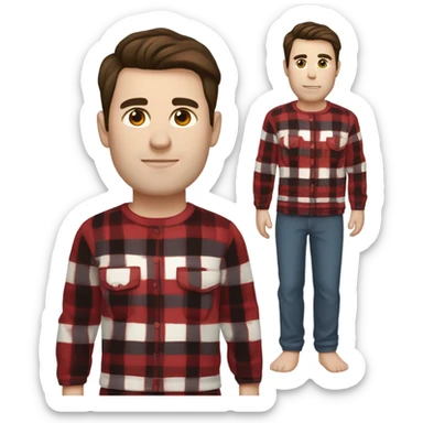 Man with straight brown hair and brown eyes wearing red and black buffalo plaid pjs. White skin. Full body. sticker