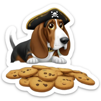 Basset hound dog stealing cookies from above a table, wears a pirate patch over his left eye, third person view, sticker