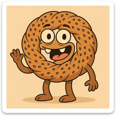 cartoon Turkish simit monster with a simit as its head, goofy teeth, playful eyes sticker