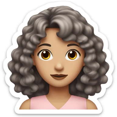 White woman with long black curly hair and bangs and dark brown eyes, wearing a pastel pink dress sticker