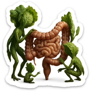 Ultra-realistic 4K illustration: stylized lettuce leaves depicted as plant-like creatures interacting with a human anatomical model of the intestine. The scene is surreal and scientific, with organic textures, refined biological details, dramatic lighting, and a bio-fantasy photorealistic style sticker